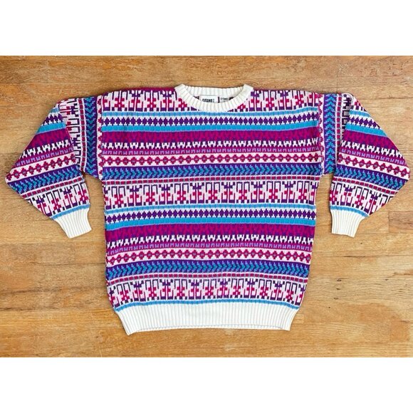 Vintage Fair Isle Sweater Womens Size Medium/Large 1980s Knit Acrylic Crew Neck - Picture 1 of 4